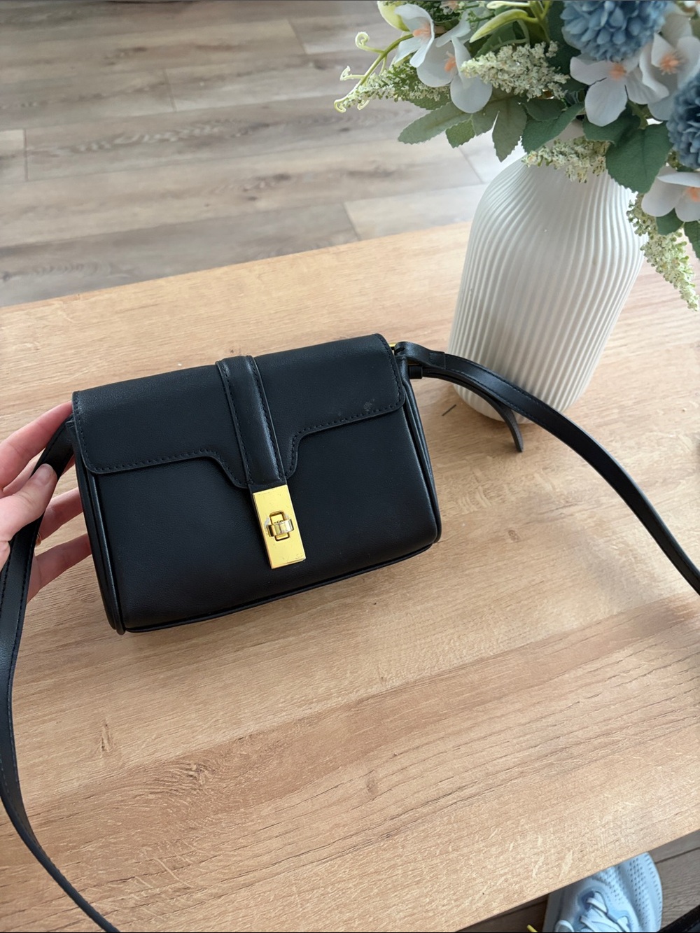 Black Leather Crossbody Bag with Gold Lock